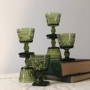 Vintage Pressed Glass - Square Base Goblets - Olive Green - 1960s